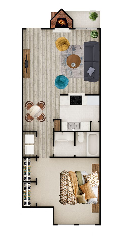 Floor plan for 1 bed, 1 bath, 734 sqft